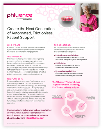 Phluence corporate one-pager outlining patient engagement solutions and healthcare communication services.
