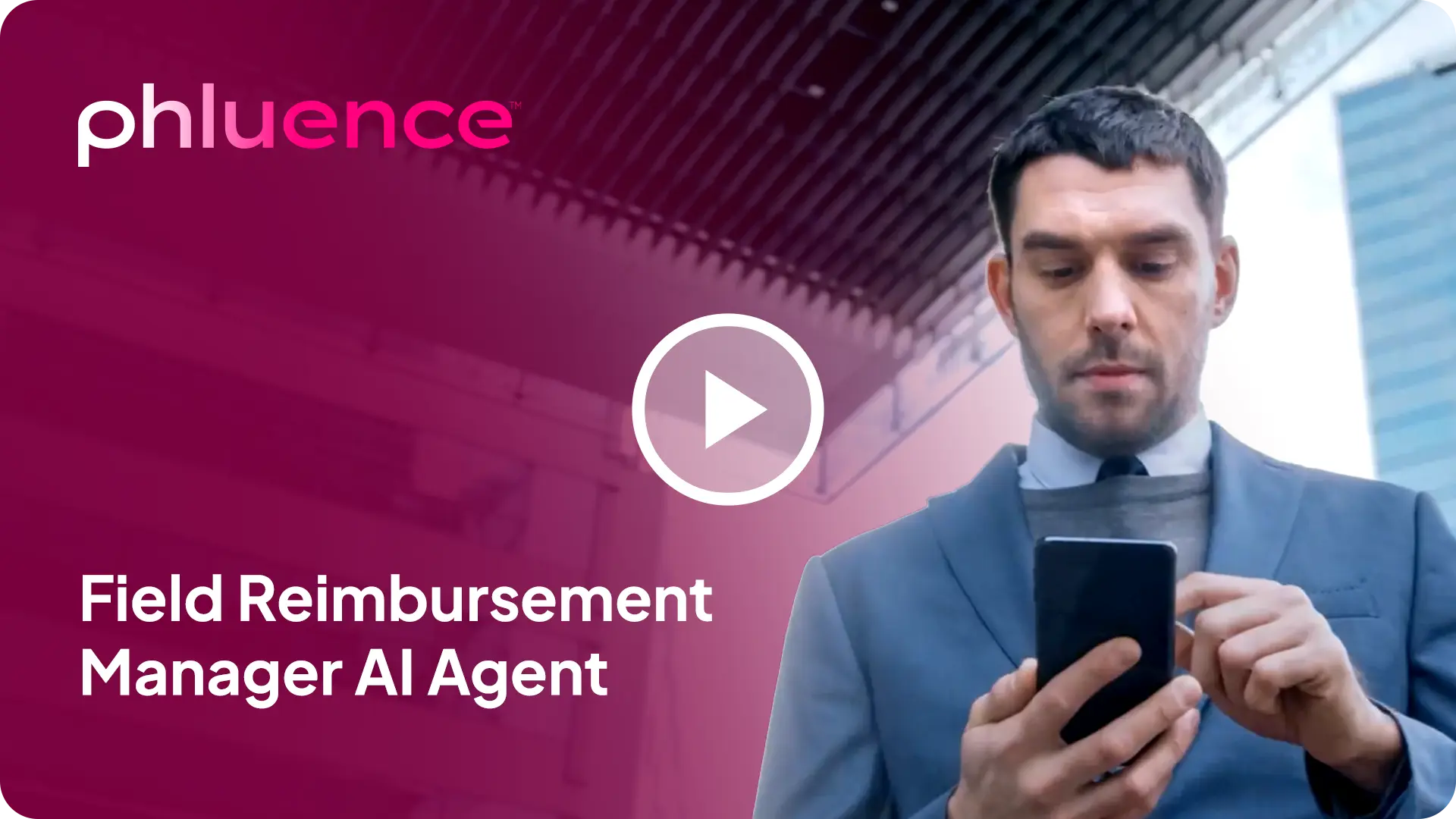 Video cover image for Phluence Field Reimbursement Manager AI Agent, featuring a healthcare professional using a mobile device to support pharmaceutical access, reimbursement navigation, and patient engagement.