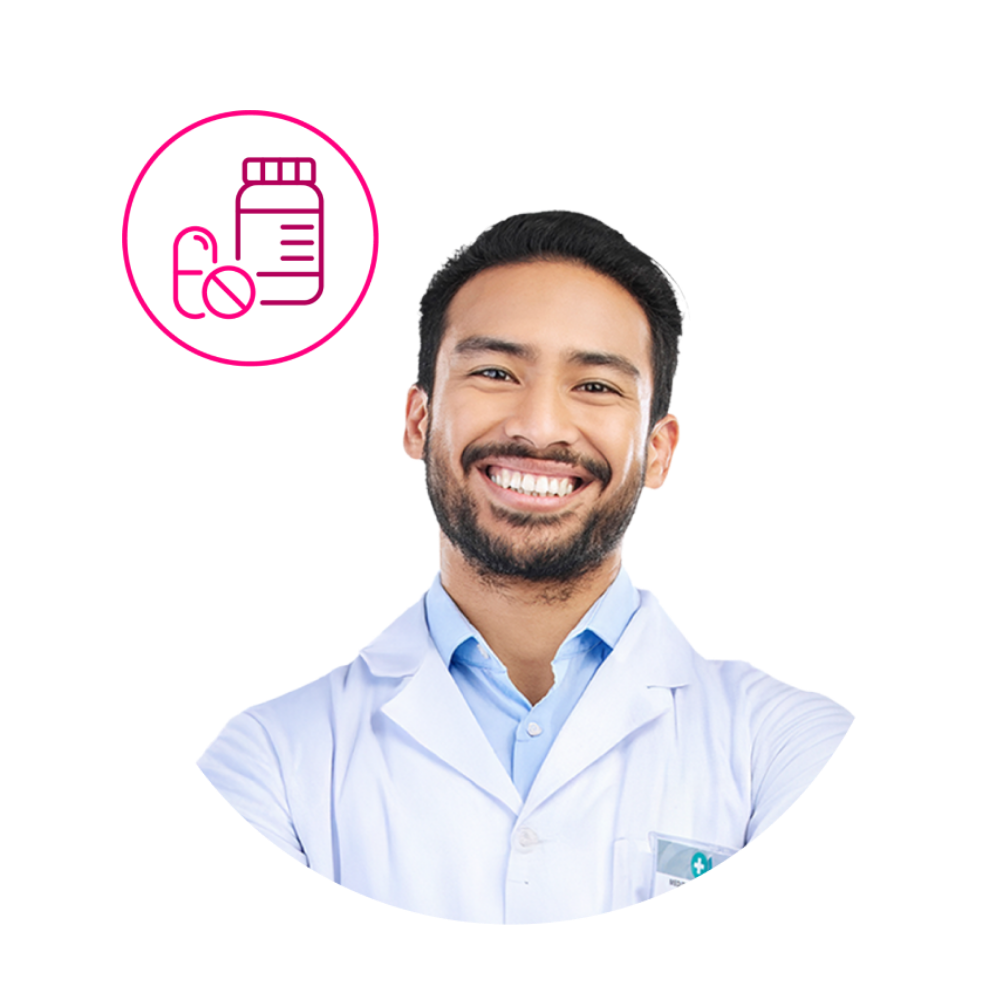 Healthcare professional with medication management icon, representing AI-powered workflow automation, pharmaceutical operations, patient support programs, and healthcare process optimization.