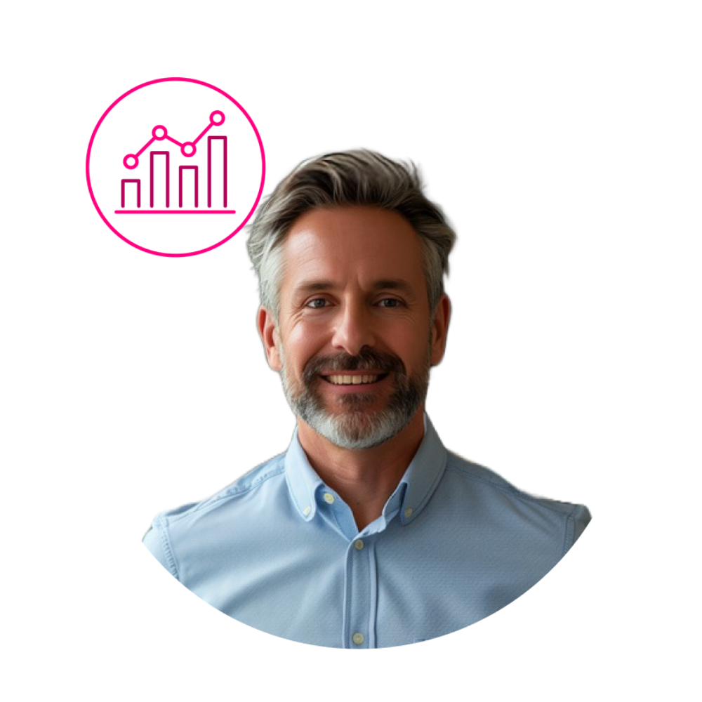 Professional healthcare executive illustration with revenue growth chart icon, representing pharmaceutical commercialization, revenue optimization, market access strategy, and business performance improvement.