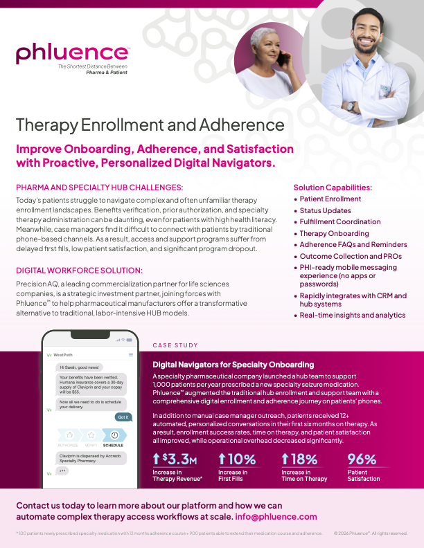 Phluence Therapy Enrollment and Adherence one-page resource describing how proactive digital navigators improve patient onboarding, medication adherence, therapy persistence, and patient satisfaction.